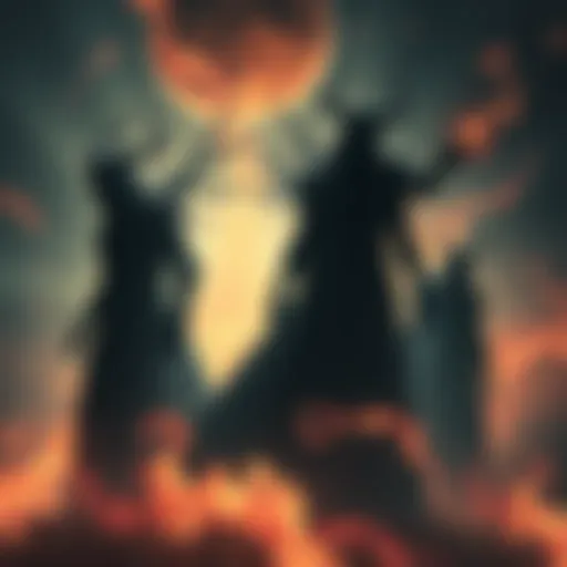 Shadowy figures symbolize archons surrounded by swirling energy, creating a sense of chaos and drain.