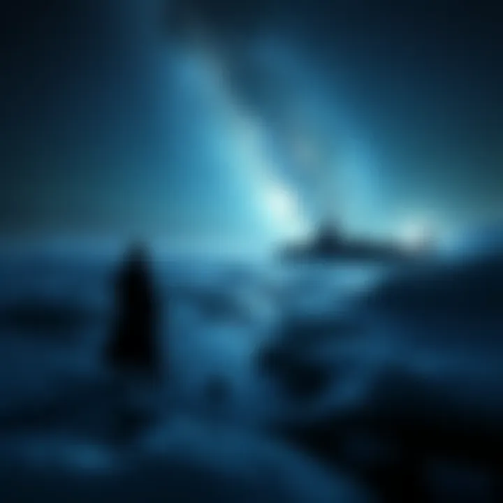 A dark figure stands on icy waters near a submarine under a starry sky in the Arctic.