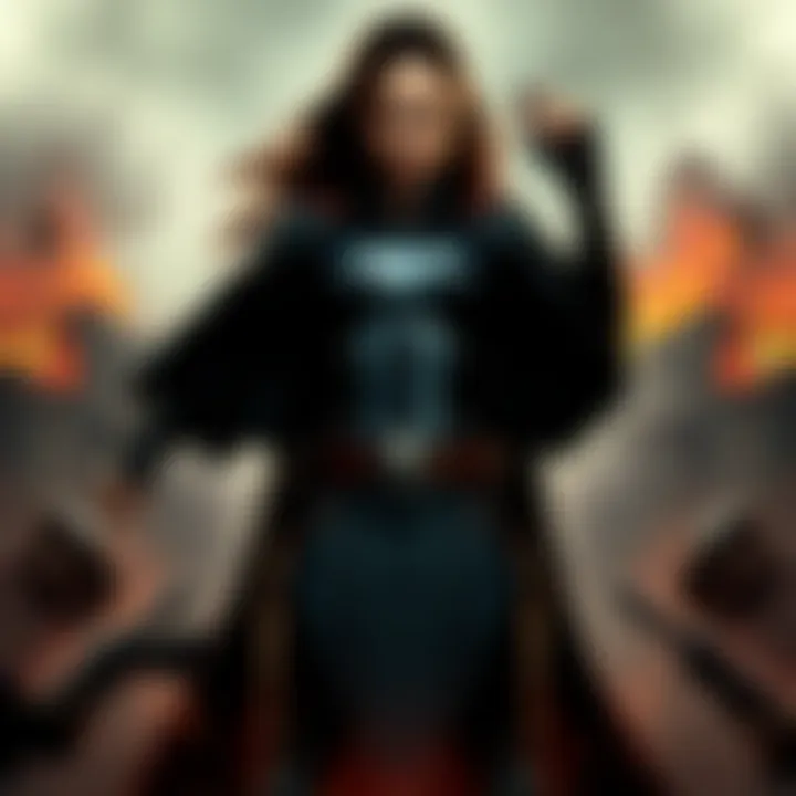 A strong figure representing Ardra stands defiantly against a backdrop of chaos, symbolizing resistance and determination.