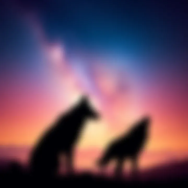 Ardra Nakshatra Symbolism A silhouette of a female dog and a wolf under a starry sky, representing the animal symbolism of Ardra Nakshatra.