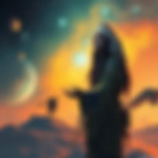 Illustration of a Native American person interacting with Star People in a cosmic setting