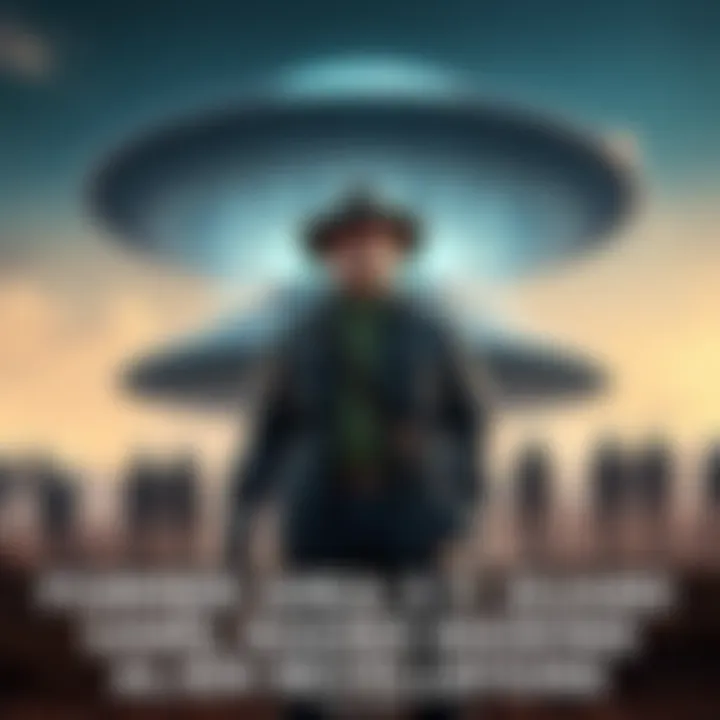 Former Area 51 Guard and UFO A former Area 51 guard stands in front of a disc-shaped UFO with grey beings in the background.