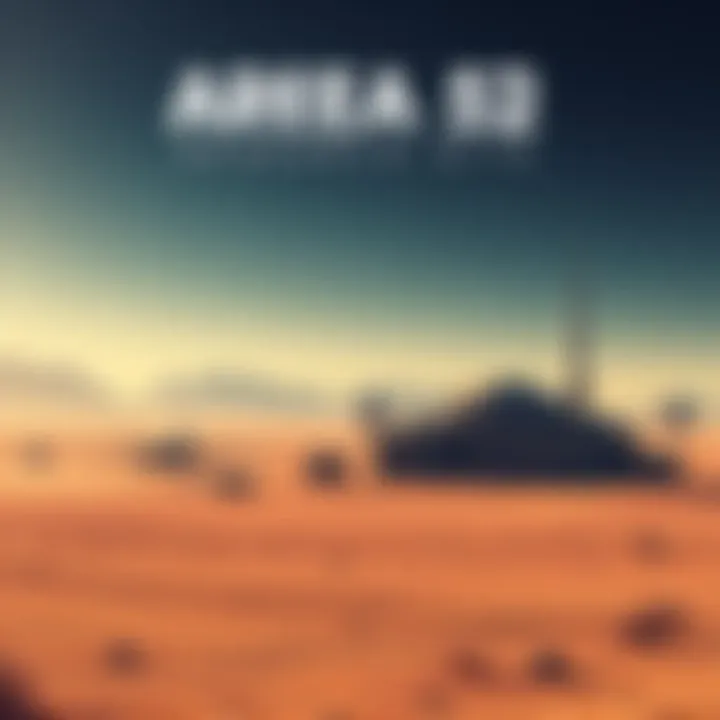 A secretive military base in a desert landscape, with an aircraft and mysterious structures under a starry sky.