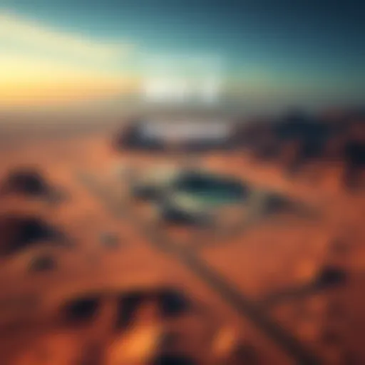 Aerial view of a secret military base surrounded by desert terrain with mountains in the background.