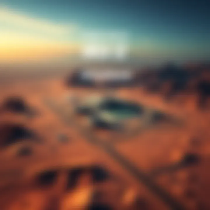 Aerial view of a secret military base surrounded by desert terrain with mountains in the background.