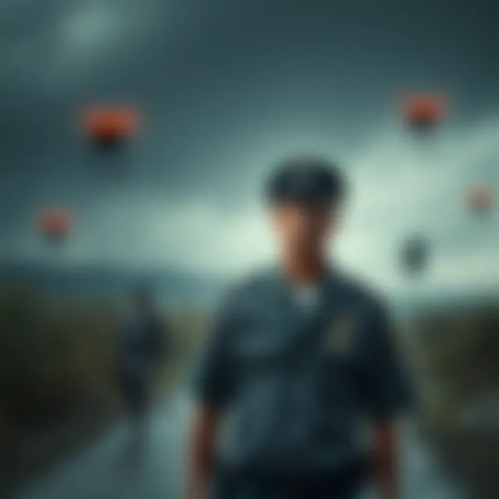 Argentinian Officer's Disappearance An Argentinian police officer stands in a rain-soaked landscape, looking bewildered and lost, with his uniform slightly disheveled, as strange short beings with red eyes hover in the background.