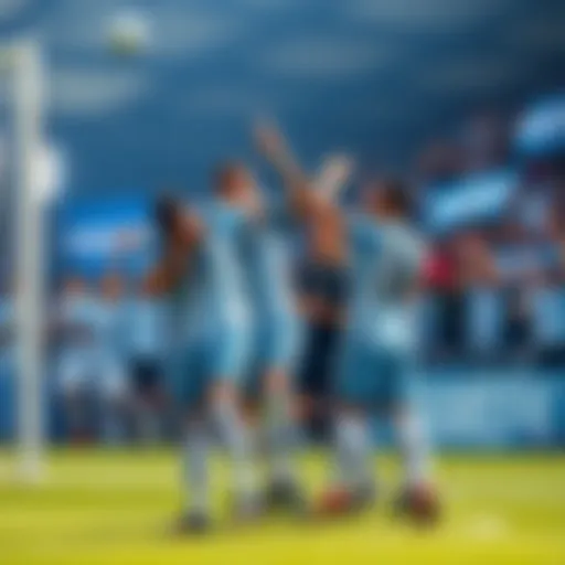 Argentina soccer team celebrates a goal during the World Cup, showcasing players in blue and white jerseys with flags and fans cheering in the background