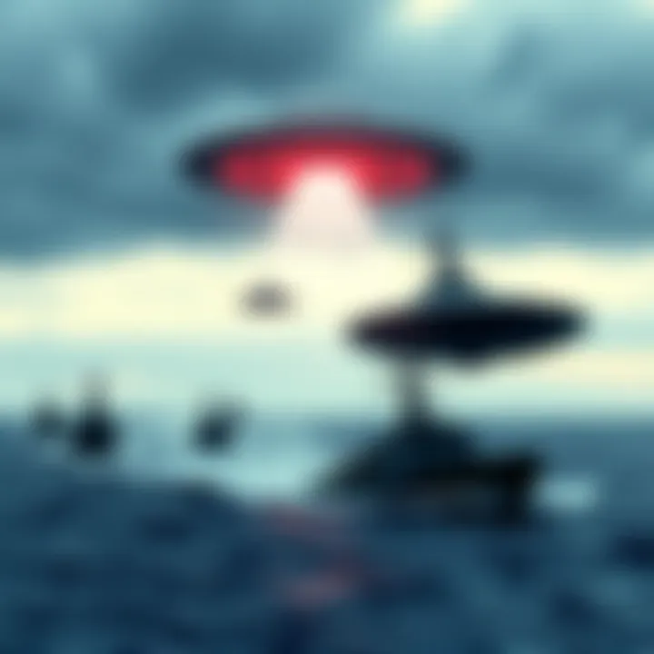 The Argentine Navy pursuing an unidentified aquatic object near Puerto Madryn, with ships in the water and a cloudy sky overhead.