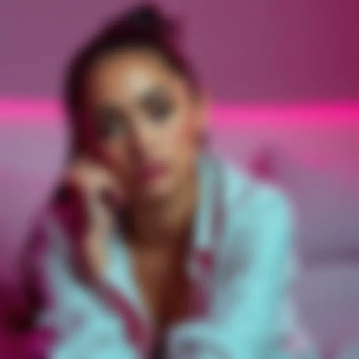 Ariana Grande sitting with a calm expression, reflecting on recent challenges, with a soft background