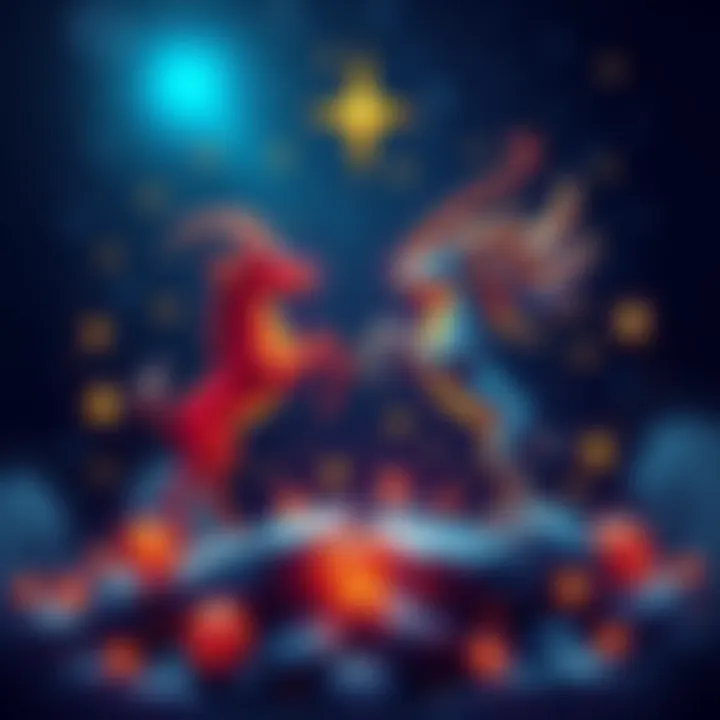 Illustration of Aries and Aquarius zodiac signs together with symbols and stars, representing their dating connection.