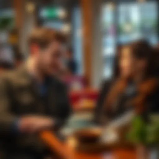 A confident Aries man subtly showing interest to a Taurus woman in a coffee shop, with warm expressions and eye contact.