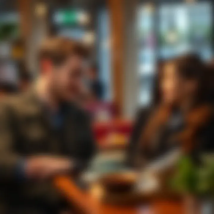 A confident Aries man subtly showing interest to a Taurus woman in a coffee shop, with warm expressions and eye contact.