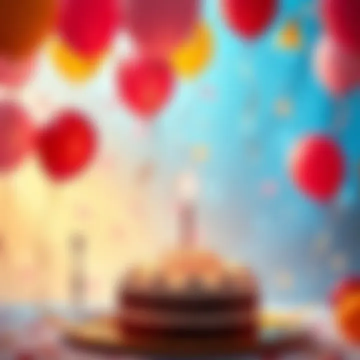 A festive scene with balloons and a birthday cake, celebrating Aries birthdays on March 26.