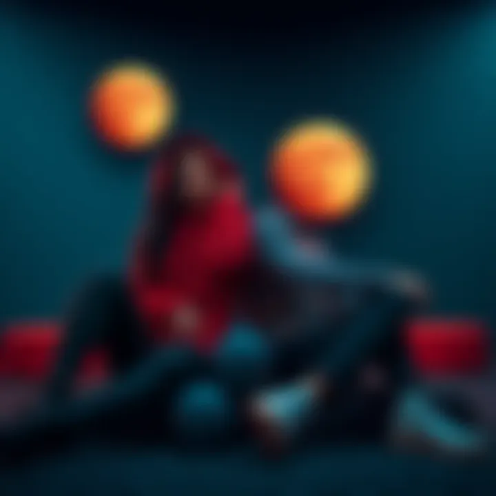 A couple sitting together, one person representing Aries moon with a fiery personality and the other as a Cancer moon showing emotional depth, discussing their relationship dynamics.