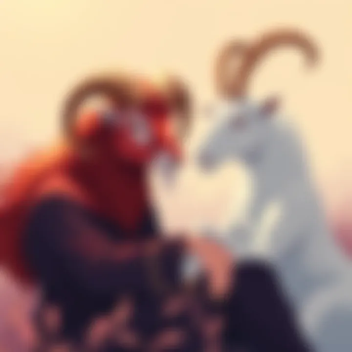 Aries and Capricorn Together An illustration of an Aries person, symbolized by a ram, sharing a moment with a Capricorn person, represented by a goat, in a friendly setting. They appear engaged in conversation, highlighting their...
