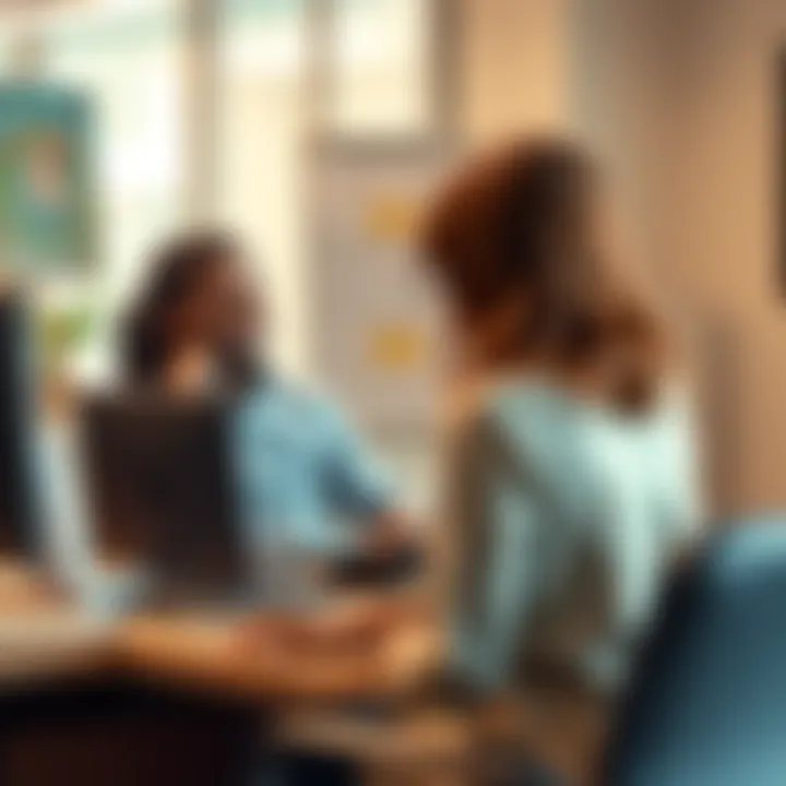 An Aries co-worker sitting at a desk, looking thoughtfully at a Sagittarius woman across the room, signaling possible romantic interest.