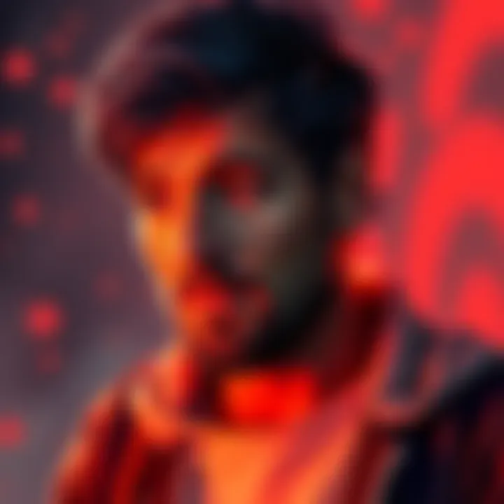 An Aries individual with fiery red accents pondering a big decision, showing determination and adventure in their expression