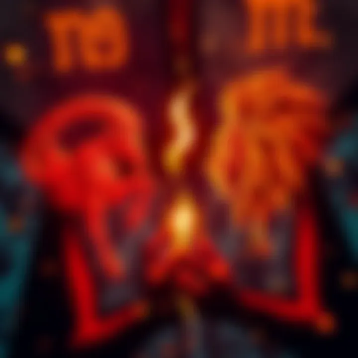 A fiery red Aries symbol and a vibrant gold Leo symbol represent the passionate and challenging relationship between the two signs, with sparks illustrating their emotional connection.