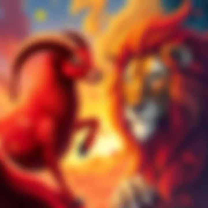 A vibrant illustration showing the Aries ram and Leo lion, highlighting their fiery personalities and loyalty, with a colorful background representing their astrological traits.