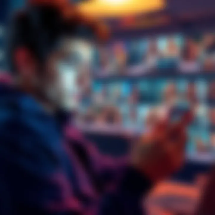 A young man with a casual look scrolling through his Instagram feed filled with pictures of attractive women, raising eyebrows among friends.