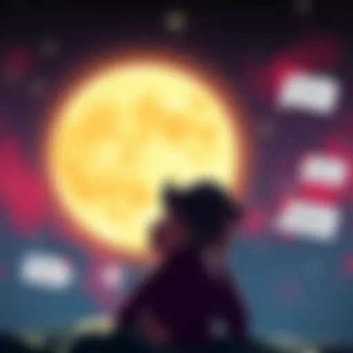 An Aries Moon character looks thoughtfully at the stars, surrounded by symbols of anxiety and social media posts, illustrating emotional struggles and the desire for advice.