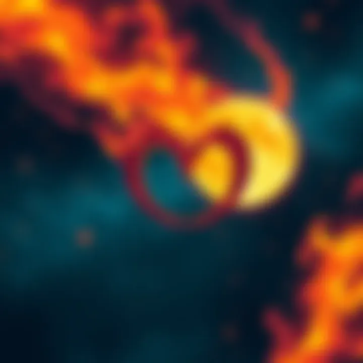 A fiery illustration depicting intense emotions associated with Aries moons, showcasing a dramatic night sky with a bold Aries symbol and vibrant colors.