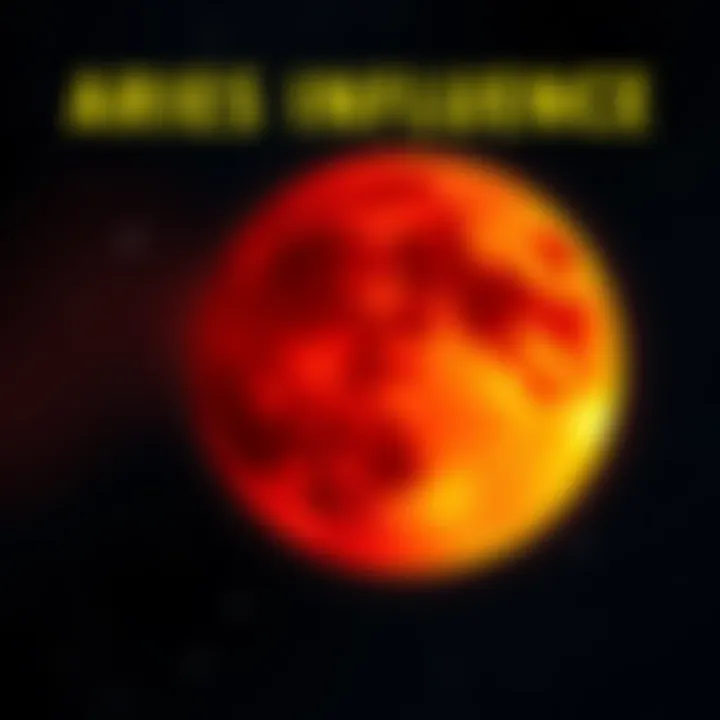 A bright, fiery moon representing Aries in a night sky, surrounded by stars, symbolizing emotions and courage.