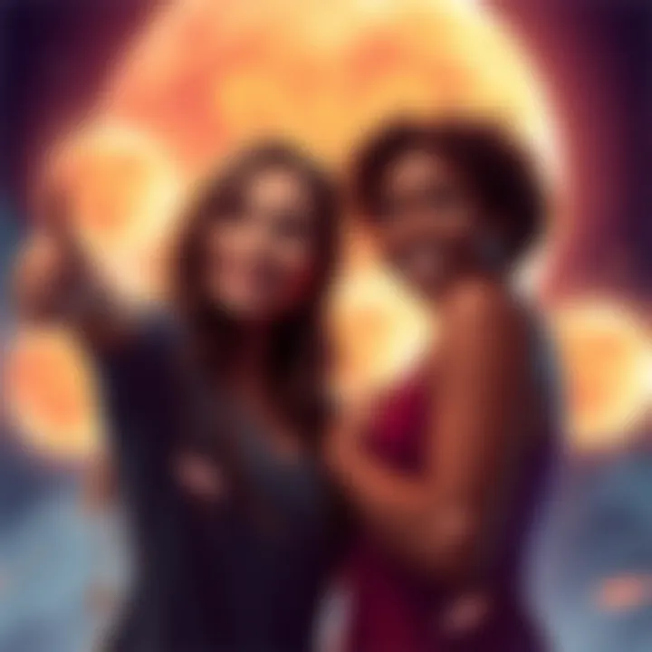 A playful scene of two friends, one teasing the other with a smirk, surrounded by soft astrological symbols representing Aries.