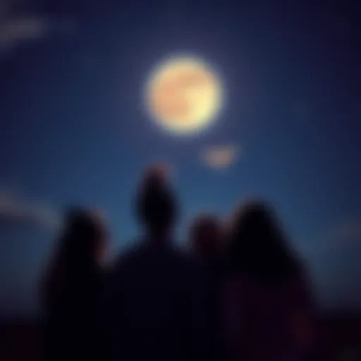 A group of friends looking at the night sky, with an emphasis on the moon, representing Aries moons in relationships.