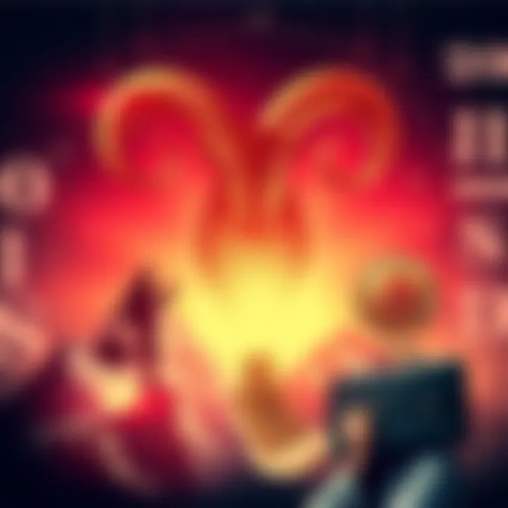 A bold Aries symbol surrounded by images of determination and success, like a person climbing a mountain and a briefcase, representing the drive of Aries individuals.