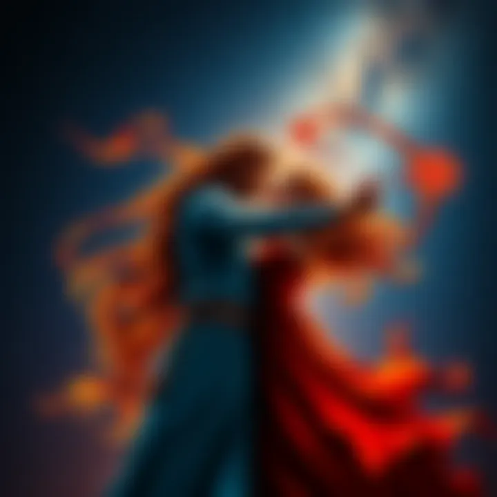 A fiery representation of Aries and Sagittarius, showing two figures in a passionate embrace under a sky filled with stars, symbolizing their adventurous spirit and strong connection.
