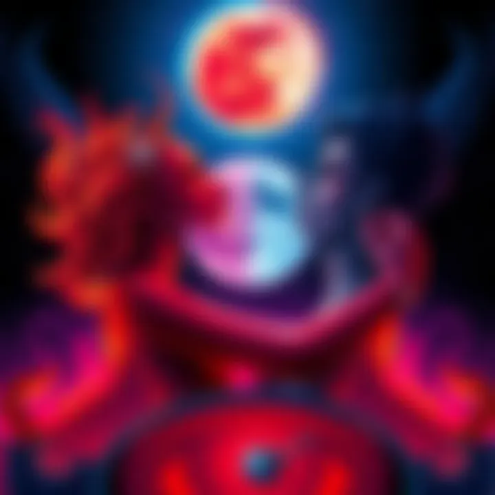 A symbolic illustration showing the contrasting emotions of Aries Moon and Scorpio Moon, with fiery red and deep blue colors representing their traits.