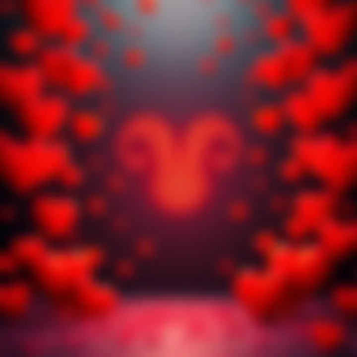 A bold Aries symbol surrounded by hearts, representing passion in love and relationships.