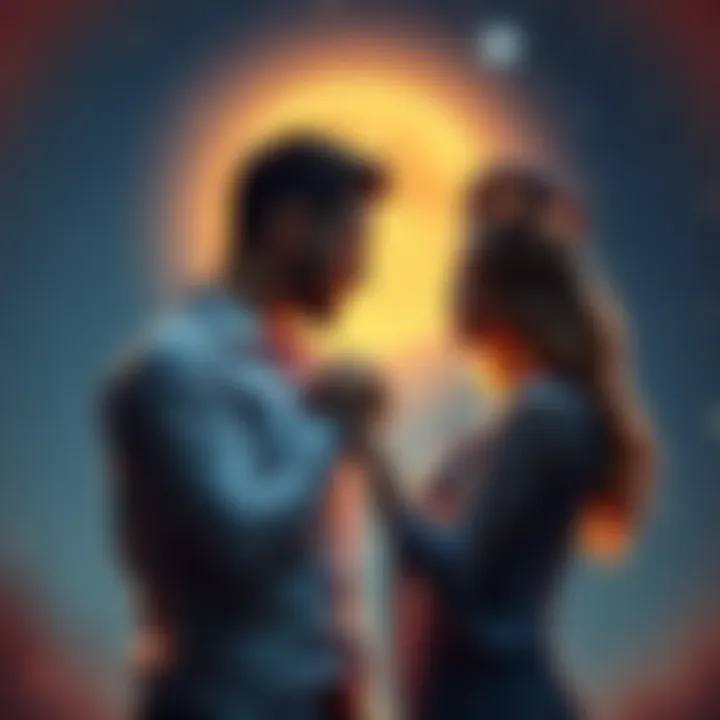 A symbolic representation of an Aries man and a Taurus woman connecting at a bright, starry night backdrop.