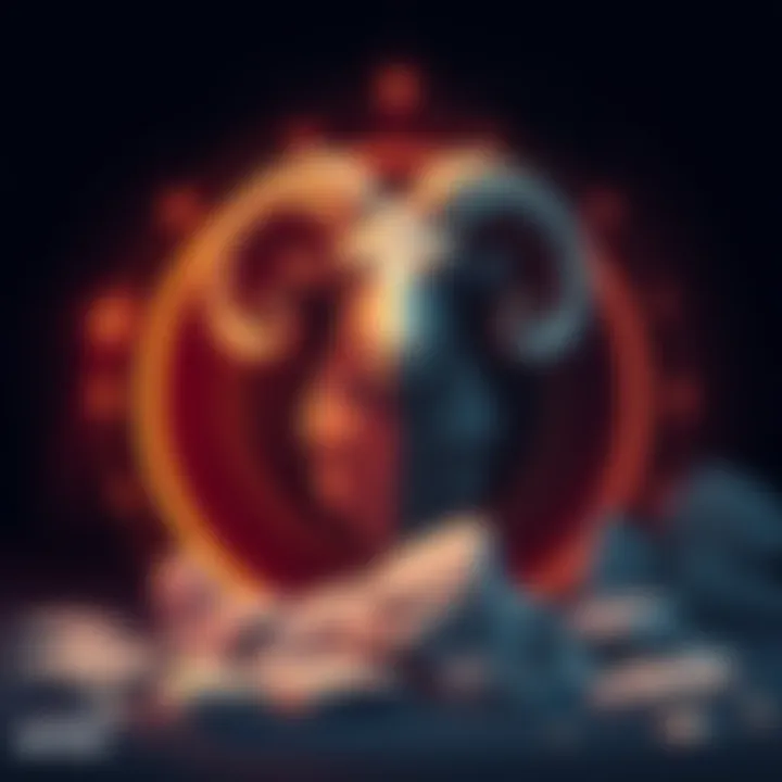 An illustration showing an Aries symbol with a strong-looking ram, surrounded by traits like arrogance and insecurity, symbolizing their complex personality.