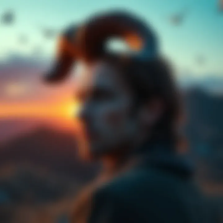 An Aries individual looking thoughtfully towards the horizon, with symbols of dreams and challenges in the background.