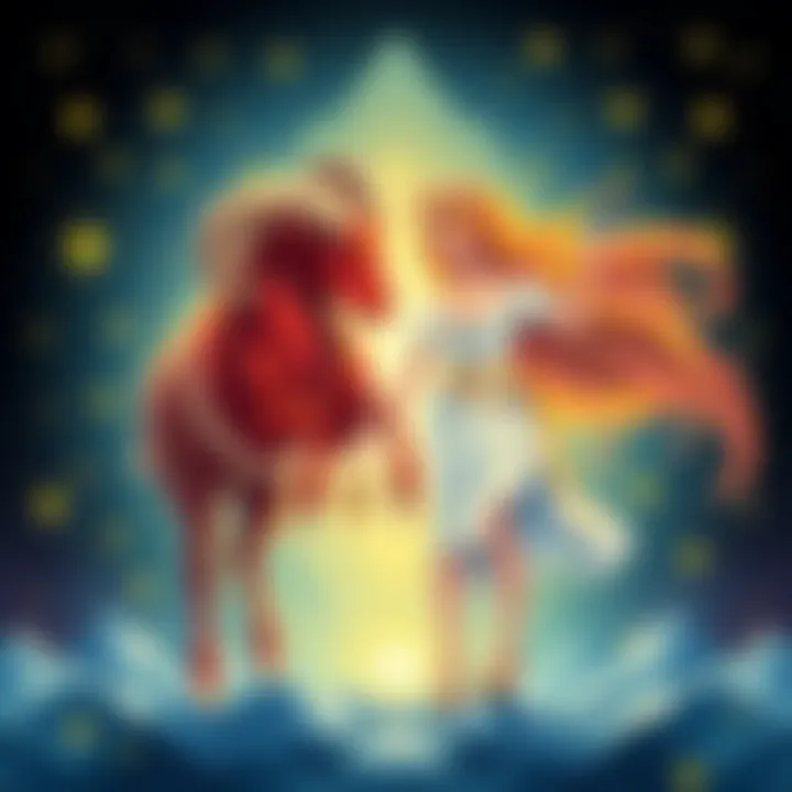 Aries and Virgo Zodiac Signs An illustration showing the Aries ram and Virgo maiden, highlighting their connection in the zodiac, with stars in the background.