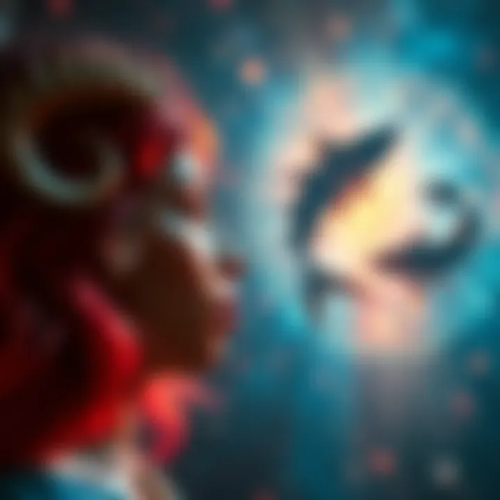 An Aries person looking attracted to a Pisces and Scorpio in a celestial background, symbolizing astrology connections.