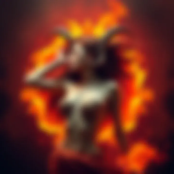 A dynamic representation of an Aries woman embodying both dominance and submission, set against a bold, fiery background.