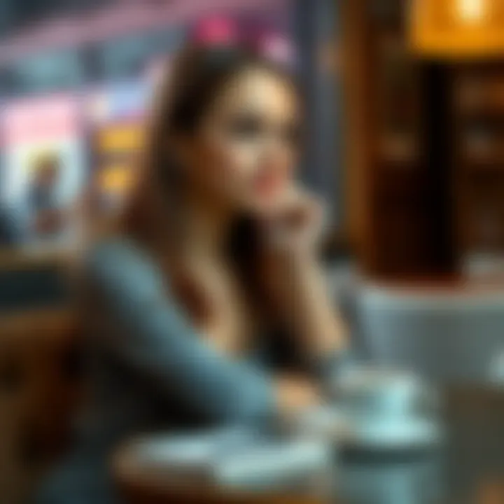 An Aries woman sitting in a cozy cafe, looking thoughtful about dating and relationships, with a notebook and coffee in front of her.