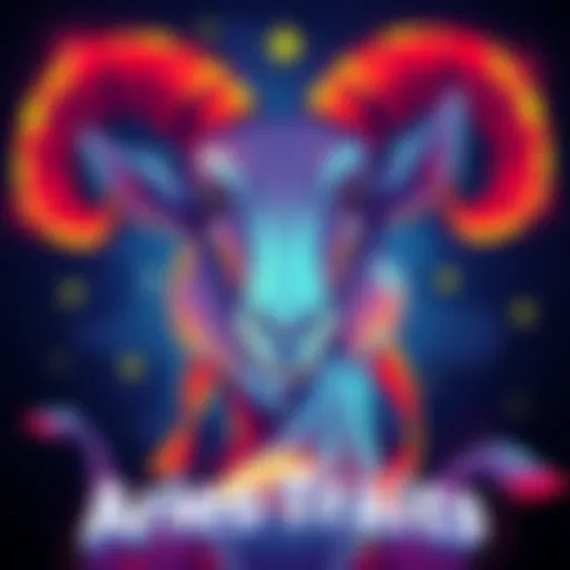 A vibrant illustration of the Aries zodiac sign featuring a ram with bold colors and starry background, symbolizing passion and determination.