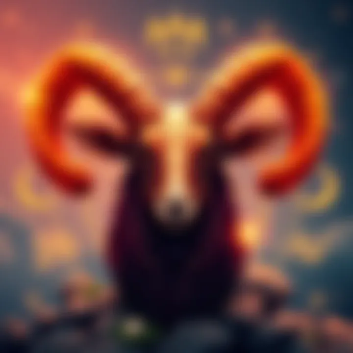 Aries Zodiac Sign Illustration An artistic representation of the Aries zodiac sign, featuring a ram and astrological symbols, symbolizing personality traits and identity struggles.