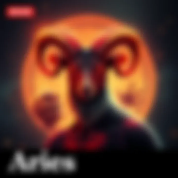 Aries Zodiac Symbol with Traits An illustration of the Aries zodiac symbol surrounded by highlighted body parts like the head and face, showing strong features and quick reflexes, embodying Aries traits.