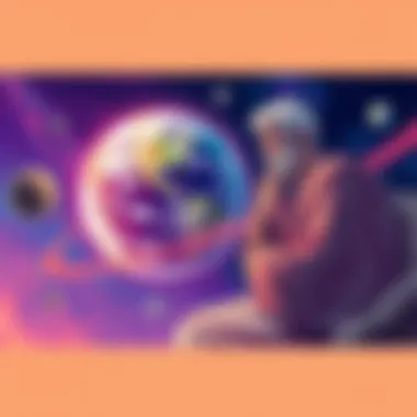 Illustration of Aristotle thinking about motion with the Earth and celestial spheres in the background.