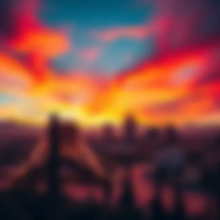 Vibrant sunset over the Phoenix skyline with fast-moving specks in the sky