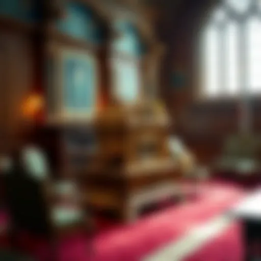 A decorative replica of the Ark of the Covenant displayed in a Masonic Lodge setting with ornate furnishings