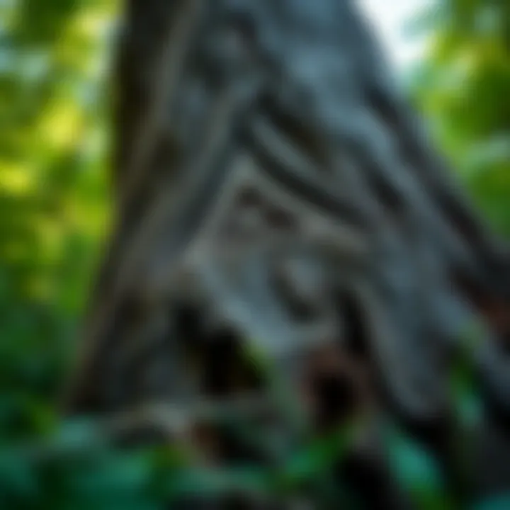 A close-up view of a mysterious symbol carved into a tree in the Arkansas woods, surrounded by green foliage.