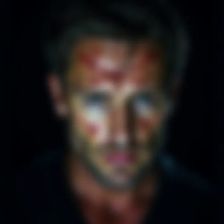 A close-up of a man resembling Armie Hammer looking serious against a dark background, symbolizing controversy and mystery.