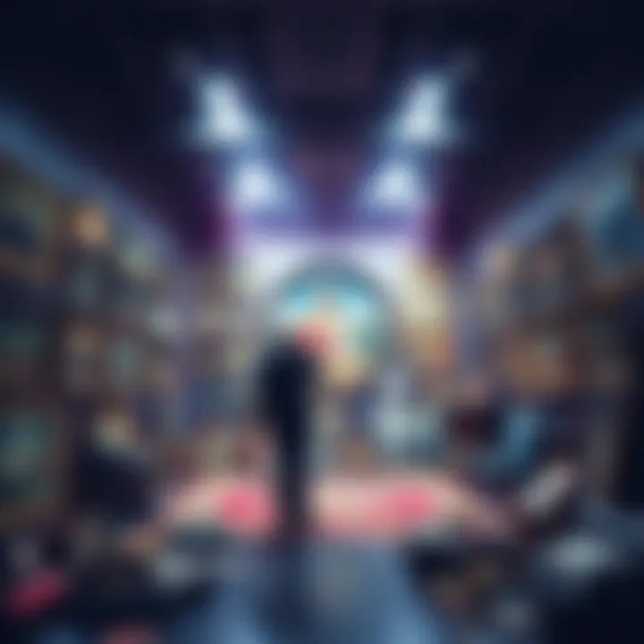 A vast collection of art pieces with a shadowy figure examining them, symbolizing money laundering schemes.