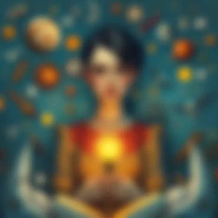 An art student surrounded by symbols and images representing recurring dreams, gathering inputs for a project.